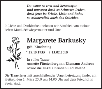 Traueranzeige von Margarete Barkusky von Märkische Oderzeitung