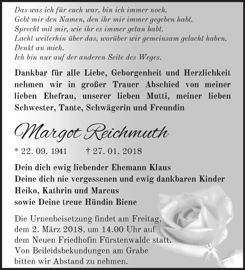  Traueranzeige für Margot Reichmuth vom 24.02.2018 aus Märkische Oderzeitung