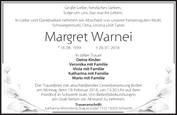 Traueranzeige von Margret Warnei von Märkische Oderzeitung