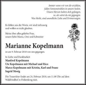 Traueranzeige von Marianne Kopelmann von Märkische Oderzeitung