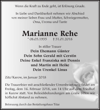 Traueranzeige von Marianne Rehe von Märkische Oderzeitung