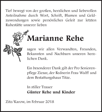 Traueranzeige von Marianne Rehe von Märkische Oderzeitung