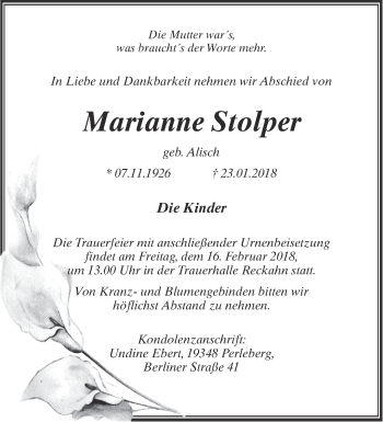 Traueranzeige von Marianne Stolper von Märkische Oderzeitung
