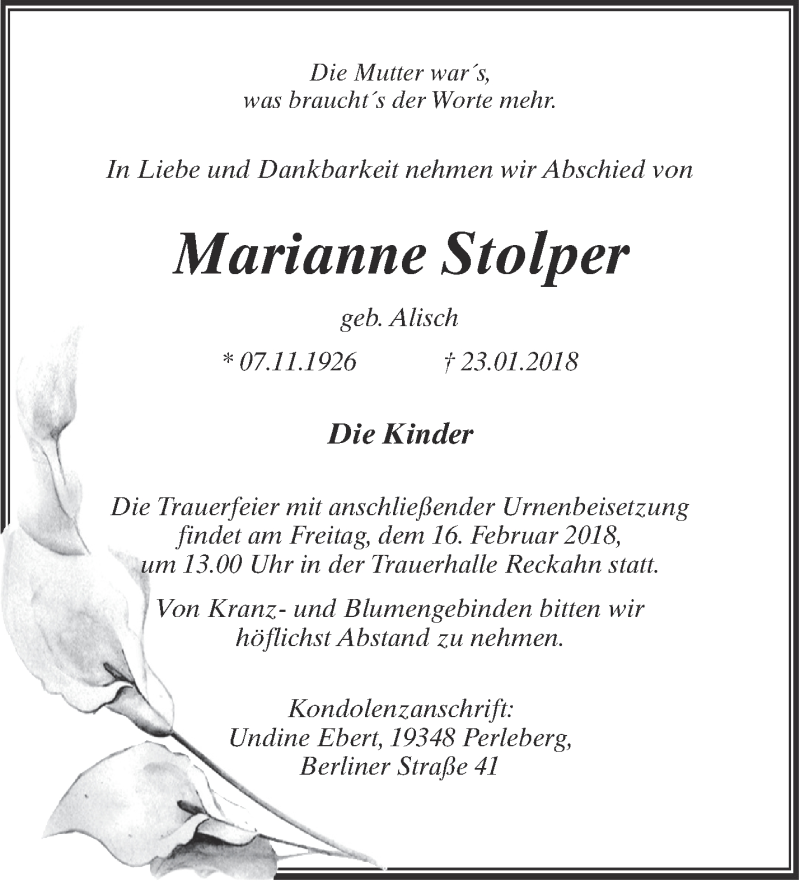  Traueranzeige für Marianne Stolper vom 04.02.2018 aus Märkische Oderzeitung