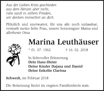 Traueranzeige von Marina Leuthäuser von Märkische Oderzeitung