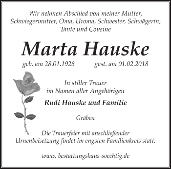 Traueranzeige von Marta Hauske von Märkische Oderzeitung