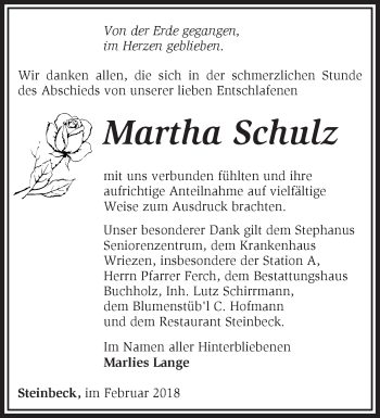 Traueranzeige von Martha Schulz von Märkische Oderzeitung