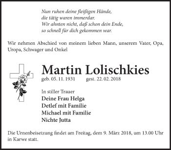 Traueranzeige von Martin Lolischkies von Märkische Oderzeitung