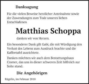 Traueranzeige von Matthias Schoppa von Märkische Oderzeitung