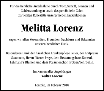 Traueranzeige von Melitta Lorenz von Märkische Oderzeitung