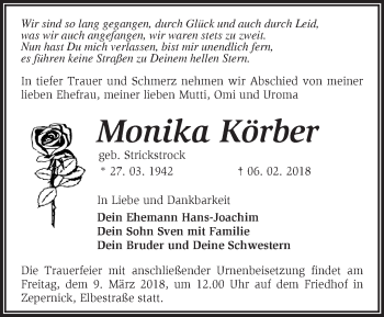 Traueranzeige von Monika Körber von Märkische Oderzeitung