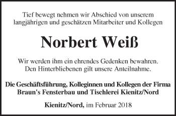 Traueranzeige von Norbert Weiß von Märkische Oderzeitung