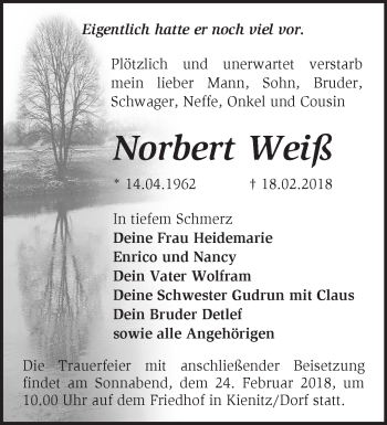 Traueranzeige von Norbert Weiß von Märkische Oderzeitung