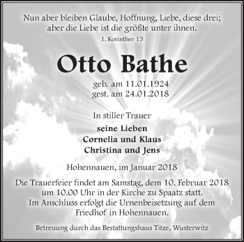 Traueranzeige von Otto Bathe von Märkische Oderzeitung