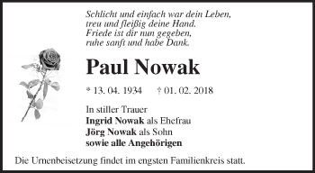 Traueranzeige von Paul Nowak von Märkische Oderzeitung