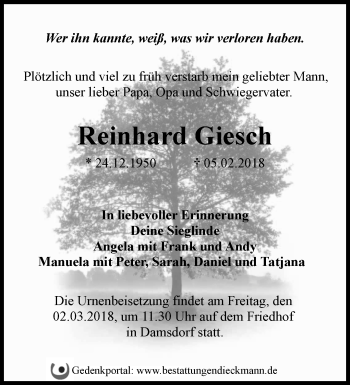 Traueranzeige von Reinhard Giesch von Märkische Oderzeitung