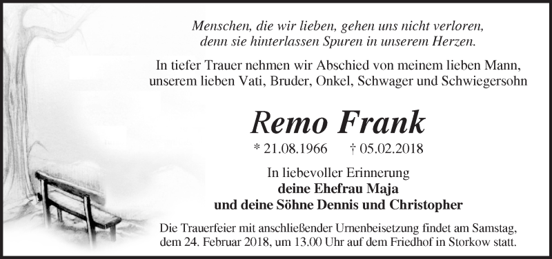  Traueranzeige für Remo Frank vom 11.02.2018 aus Märkische Oderzeitung