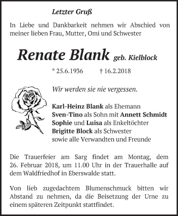 Traueranzeige von Renate Blank von Märkische Oderzeitung