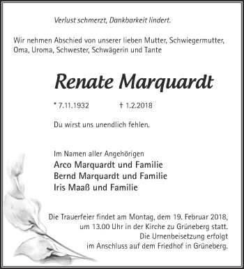 Traueranzeige von Renate Marquardt von Märkische Oderzeitung