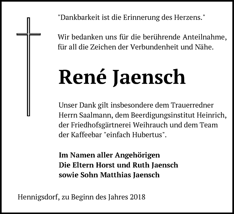  Traueranzeige für Rene Jaensch vom 03.02.2018 aus Märkische Oderzeitung