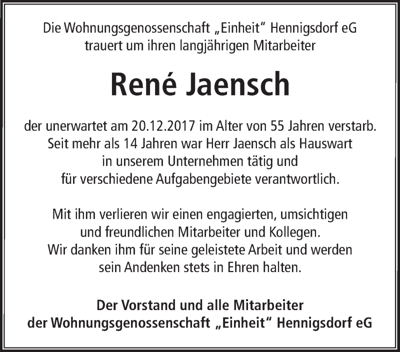  Traueranzeige für Rene Jaensch vom 03.02.2018 aus Märkische Oderzeitung