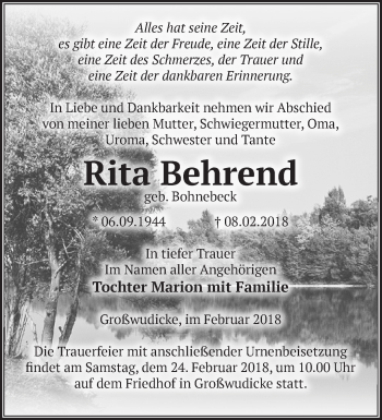 Traueranzeige von Rita Behrend von Märkische Oderzeitung