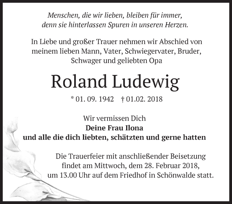  Traueranzeige für Roland Ludewig vom 10.02.2018 aus Märkische Oderzeitung