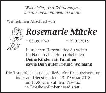 Traueranzeige von Rosemarie Mücke von Märkische Oderzeitung