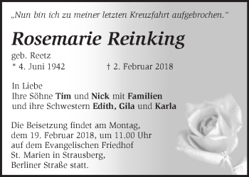 Traueranzeige von Rosemarie Reinking von Märkische Oderzeitung