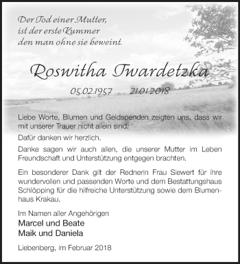 Traueranzeige von Roswitha Twardetzka von Märkische Oderzeitung