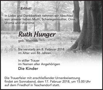 Traueranzeige von Ruth Hunger von Märkische Oderzeitung