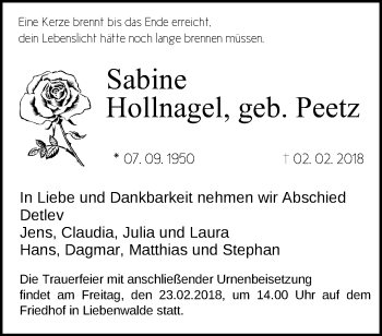 Traueranzeige von Sabine Hollnagel von Märkische Oderzeitung