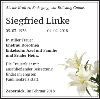 Traueranzeige von Siegfried Linke von Märkische Oderzeitung