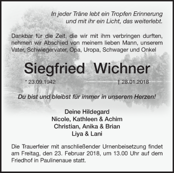 Traueranzeige von Siegfried Wichner von Märkische Oderzeitung