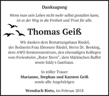 Traueranzeige von Thomas Geiß von Märkische Oderzeitung