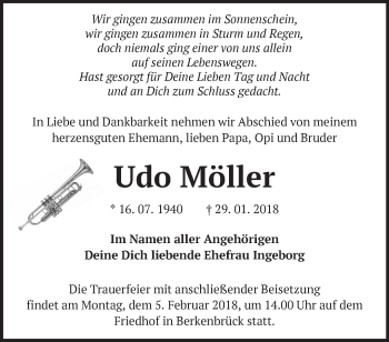 Traueranzeige von Udo Möller von Märkische Oderzeitung