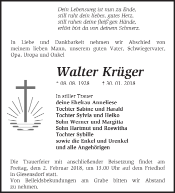 Traueranzeige von Walter Krüger von Märkische Oderzeitung