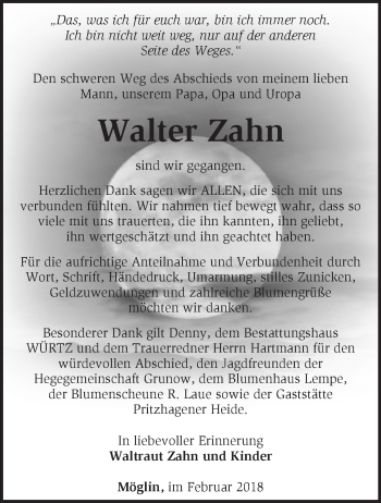 Traueranzeige von Walter Zahn von Märkische Oderzeitung