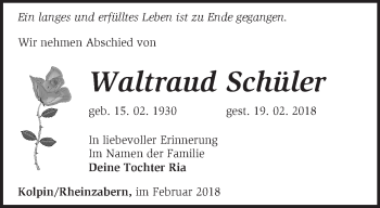 Traueranzeige von Waltraud Schüler von Märkische Oderzeitung