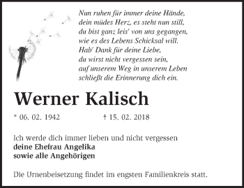 Traueranzeige von Werner Kalisch von Märkische Oderzeitung