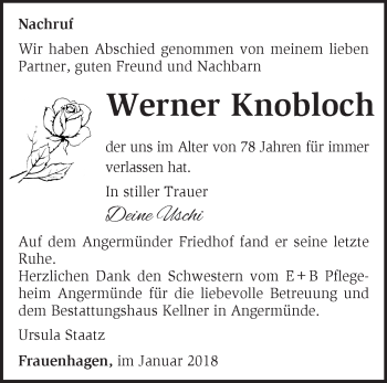 Traueranzeige von Werner Knobloch von Märkische Oderzeitung