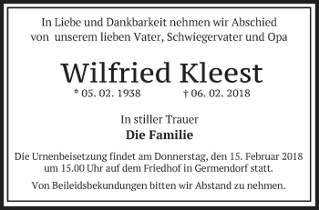 Traueranzeige von Wilfried Kleest von Märkische Oderzeitung