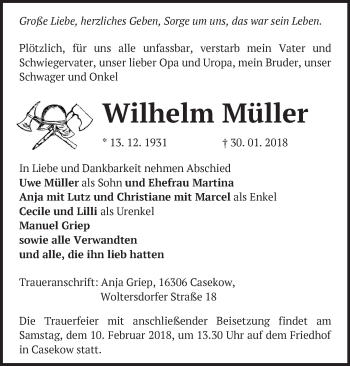 Traueranzeige von Wilhelm Müller von Märkische Oderzeitung