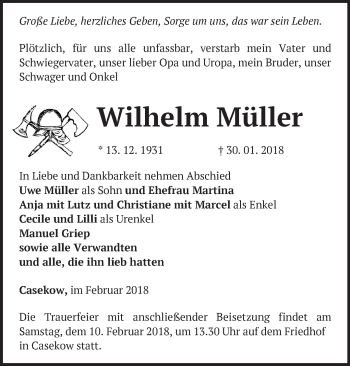 Traueranzeige von Wilhelm Müller von Märkische Oderzeitung