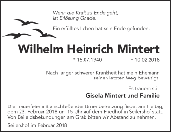 Traueranzeige von Wilhelm Heinrich Mintert von Märkische Oderzeitung