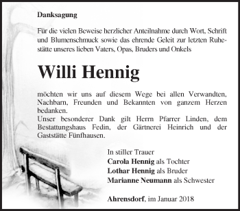 Traueranzeige von Willi Hennig von Märkische Oderzeitung