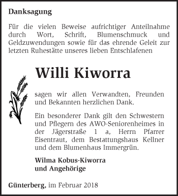 Traueranzeige von Willi Kiworra von Märkische Oderzeitung