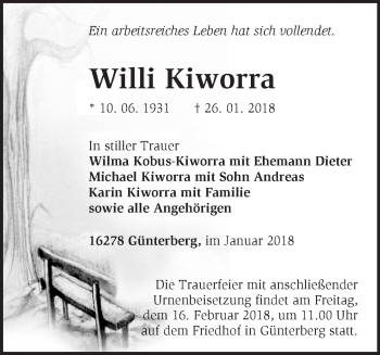 Traueranzeige von Willi Kiworra von Märkische Oderzeitung