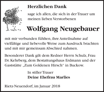 Traueranzeige von Wolfgang Neugebauer von Märkische Oderzeitung