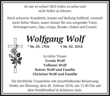 Traueranzeige von Wolfgang Wolf von Märkische Oderzeitung